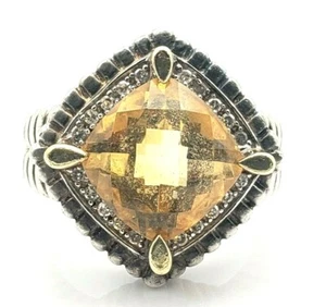 Oxidized 14K Yellow Gold/Sterling 925 Diamond Citrine Cushion Weaved Ring 7 - Picture 1 of 6