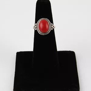 Vintage Red Coral Cabochon & 925 Sterling Silver Southwestern Ring -Sz 5 US - Picture 1 of 4