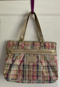 Coach Poppy Daisy Madras Plaid Satchel Tote Shoulder Bag F21956 - Very Nice! - Picture 1 of 13