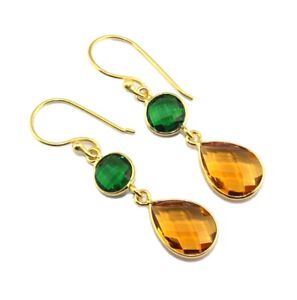 Pear Round Multi-Color Hydro Quartz Chalcedony Gold Plated Handmade Earrings