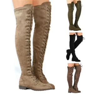Women Ladies Over The Knee High Lace Up Boots Flat Stretch Thigh High Shoes Size - Picture 1 of 17