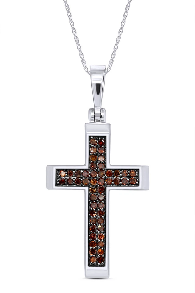 Colgante Cruz 1/7ct Collar 18" Coñac Diamante Natural Oro Sólido 10K Foto 1 de 4