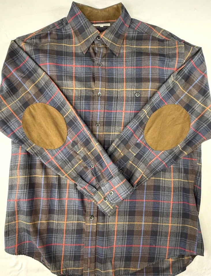 Camisa masculina vintage Alex Cannon com botões tamanho G xadrez manga longa remendos de cotovelo de flanela - Imagem 1 de 4