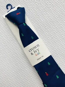 Crown & Ivy Kids Zipper Tie Navy Blue Green Red Christmas Trees - Picture 1 of 5