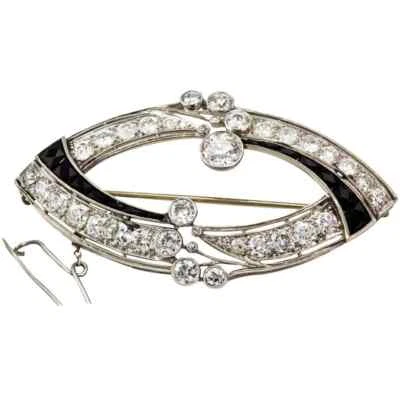 Art Deco Round White CZ & Calibre Cut Black Onyx 8.10 CT Excellent Unique Brooch - Image 1 of 4