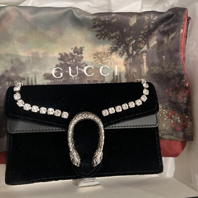 Bolso Gucci Negro Terciopelo y Cristal Dioniso Super Mini Cadena Nuevo Con Caja Foto 1 de 4