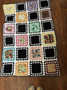 Vintage Crocheted Black Granny Square Afghan Throw - Picture 1 of 3