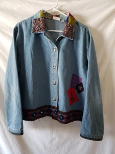 Chicos Denim Jacket Size 3 Beaded Embroidered Embellished Chico's Jean Jacket - Picture 1 of 13