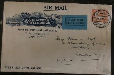 1932 Ciudad del Cabo Sudáfrica Primer Vuelo Cubierta FFC a Londres Inglaterra Imperial Foto 1 de 2