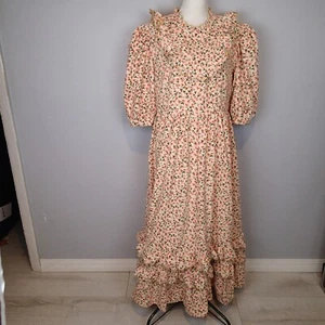 350$ Celia B Abaca Floral Corduroy Bib Prairie Ruffle Midi Dress Size m - Picture 1 of 22