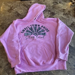 Gildan Pink Heavy Blend Hoodie - Small Town Pride Shop Local - Pink pullover-Wom - Picture 1 of 4