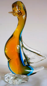 Murano Clear, Amber & Blue Cased Glass, Long Necked Duck Figure