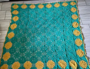 Hand Knitted Granny Blanket Throw 75”x73” Turquoise Mustard Yellow Flowers - Picture 1 of 5