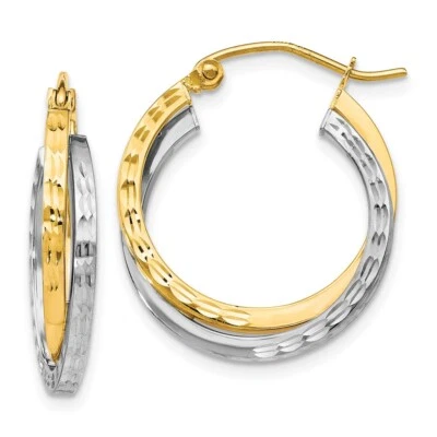 23mm 10k Yellow & White Gold Textured Hinged Hoop Earrings TA94 - Image 1 of 4