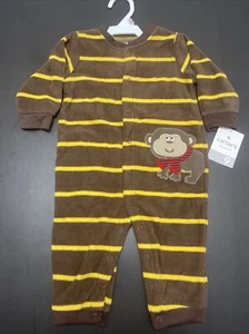 CARTER'S Boys Size 9 Months Brown & Yellow Stripe Fleece Sleeper W/Monkey - Picture 1 of 5