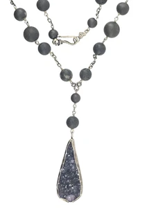 VTG CHAN LUU 925 STERLING BLACK DRUZZY PENDANT LAVA ROCK BEADED NECKLACE ~ 33 in - Picture 1 of 23