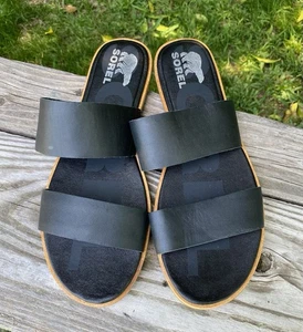 Sorel Sandals Ella II Slip On Slide Black Leather Open Toe NL4262-010 Women’s 11 - Picture 1 of 11