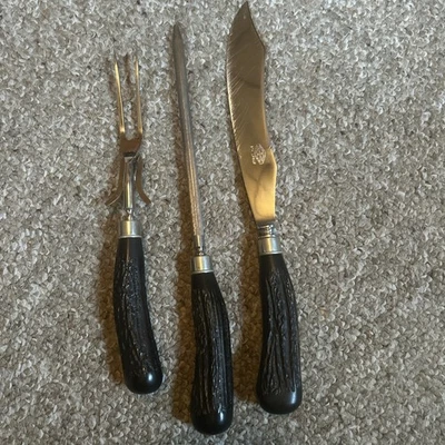 Talheres antigos da marca real 3 peças conjunto de escultura em chifre de veado falso monograma preto - Imagem 1 de 4