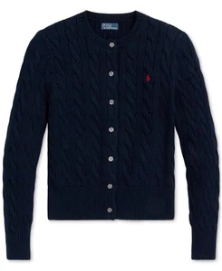 Polo Ralph Lauren Women's Navy Cable-Knit Cotton Crewneck Cardigan Sweater L - Picture 1 of 6