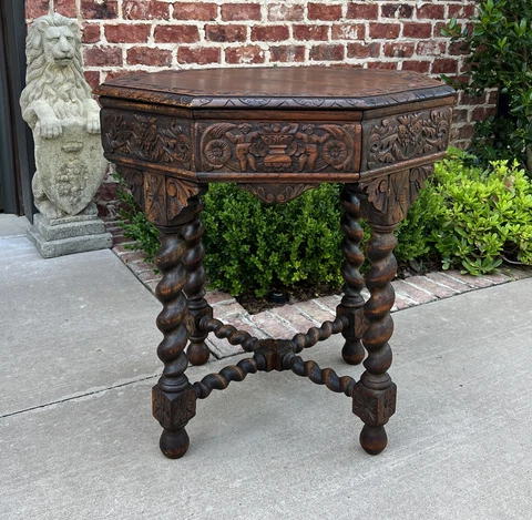 Antique French Table BARLEY TWIST Octagonal Renaissance Revival Carved Oak 19thC Cover