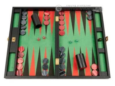 New 20" Zaza & Sacci Medium Leather Backgammon Set – Black Case w/Green Field - Image 1 of 4