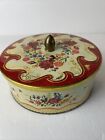 Vintage England Lidded Tin Container Maroon Burgundy Floral Gold Accents 