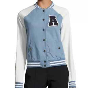 NEW C&C California Women's Blue LETTERMAN JACKET White Sleeves Button LARGE NWT - Picture 1 of 8