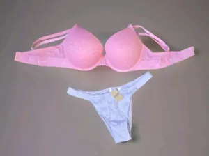 NEW Victorias Secret PINK Push Up T Shirt Bra 36D & L Floral Lace Panty 2pc Set - Picture 1 of 16