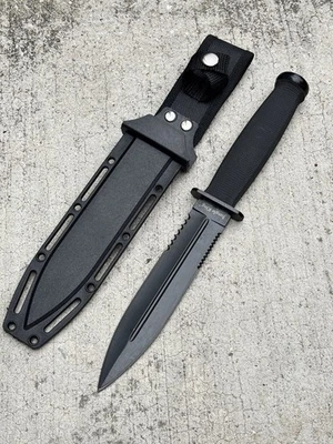 12” Spear Point Double Edge Stealth Black Fix Blade Knife Rubber Grip Full Tang - Image 1 of 4