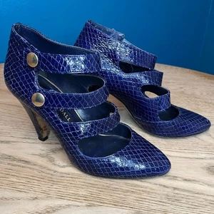 Loeffler Randall Mary Jane Damen-Absatz mit 3 Riemen Schlangenleder blau Größe 6 - Bild 1 von 10