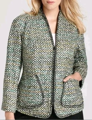 $698 Chaqueta Blazer Lafayette 148 Nueva York Verde Negro Cuero Tweed Cremallera Talla 4  Foto 1 de 4