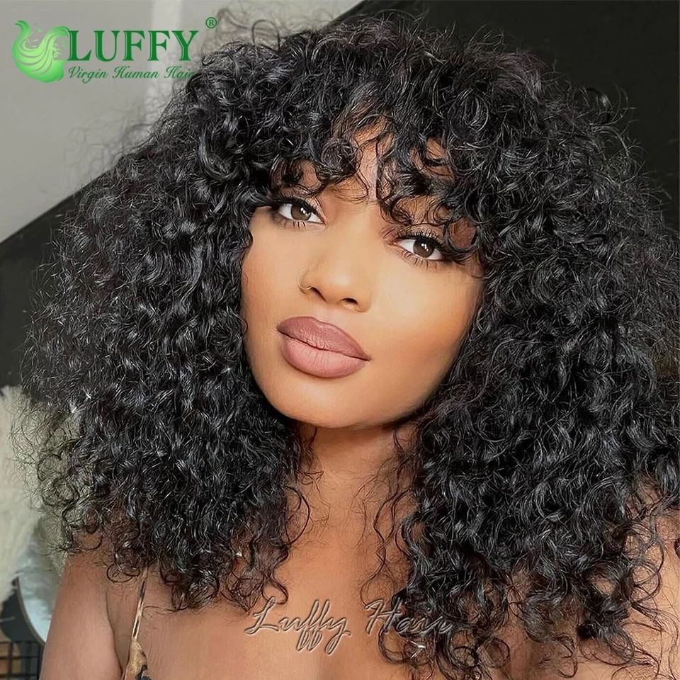 Pelucas cortas de cabello humano rizado con flequillo base cuero cabelludo superior pelucas completas hechas a máquina Foto 1 de 4