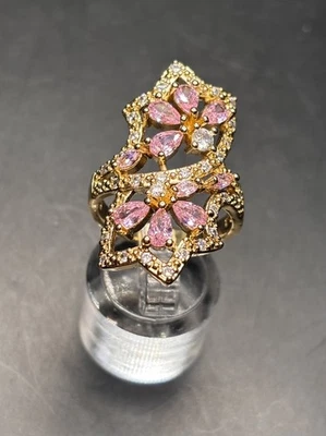 Precioso Anillo Diseño Flores Circonita Clara Rosa Relleno de Oro de la Más Alta Calidad  Foto 1 de 4