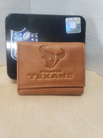 Houston Texans Laser Engraved Brown Tri-fold Wallet With Metal NFL Case Cover