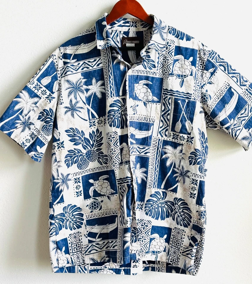 MAIKA'I 夏威夷服装 XL 蓝色和米色短袖纽扣露营衬衫 — 第 1/4 张图片