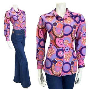 VTG 60S 70S PURPLE PINK CORAL PSYCHEDELIC GEOMETRIC DOT NOTCH LAPEL SHIRT 12 - Picture 1 of 10