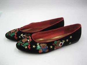 Zapatos de Navidad vintage Ellemenno oso de peluche negro terciopelo bordado plano 9,5 - Imagen 1 de 12