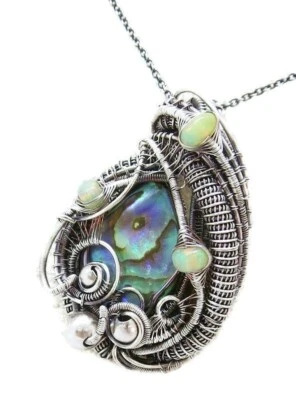 Abalone Pua Shell Wire-Wrapped Pendant in Sterling Silver with Ethiopian Opals - Image 1 of 4