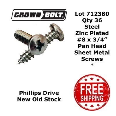 #8 x 3/4" SHEET METAL SCREWS PAN HEAD #1 Phillips Steel Zinc Plated (36) 712380 Foto 1 de 2
