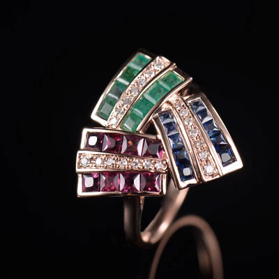 Anillo de cóctel sólido de oro rosa de 14 quilates con diamantes naturales rubí zafiro esmeralda Foto 1 de 4