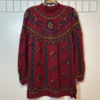 Signatures By Northern Isles 女式 M 毛衣红色花卉电缆手工针织 6288 — 第 1/4 张图片