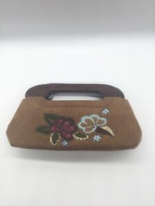 Suede leather clutch purse embroidered floral fossil wood handle boho hippie 10”