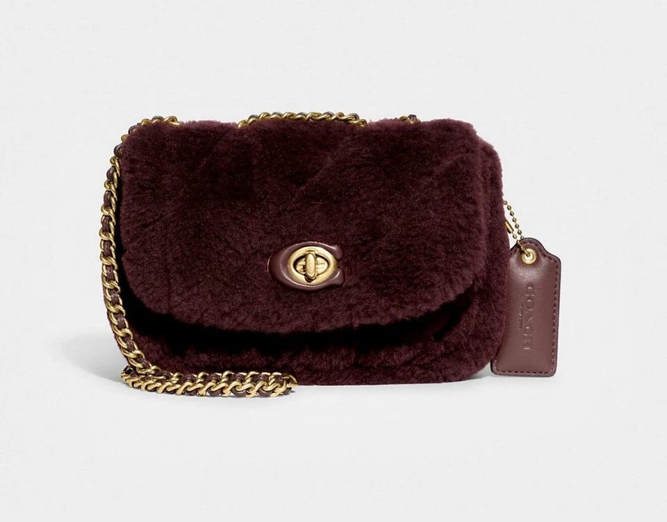 COACH Black Fur Pillow Madison 18 Quilted Shearling Shoulder Bag Purse CE720