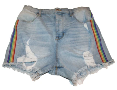 Celebrity Pink The Rebel frayed blue denim shorts rainbow trim button fly *READ* - Image 1 of 4