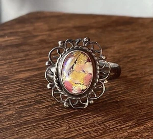 sterling Silver art glass ring size 4.5 delicate filigree bezel set vintage - Picture 1 of 4