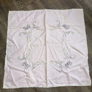 Vtg 50s Pastel Pink Embroidered Rabbit Bunny Square Easter Tablecloth Cotton 30" - Picture 1 of 7