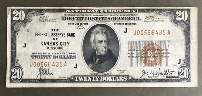 1929 $20 FRBN - FEDERAL RESERVE BANK NOTE [] KANSAS FR. 1870-J [] SN#J 00566435A - Image 1 of 3