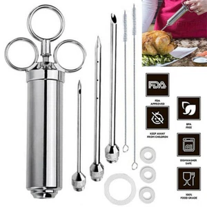 304 Stainless Steel Seasoning Meat Injector Kit 2-oz Large Barrel 3 Needle Cook - Picture 1 of 8
