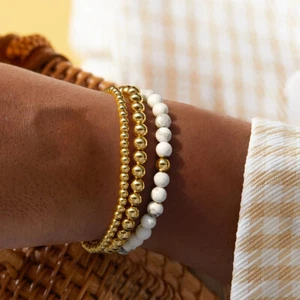 14K Gold Plated Copper Beads Bracelet 3PCS White Howlite for Women Stone Jewelry - Picture 1 of 5