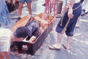 Original Slide 1960's USN Sailor In Coffin Shellback Party Fun On Ship 194N - Picture 1 of 1
